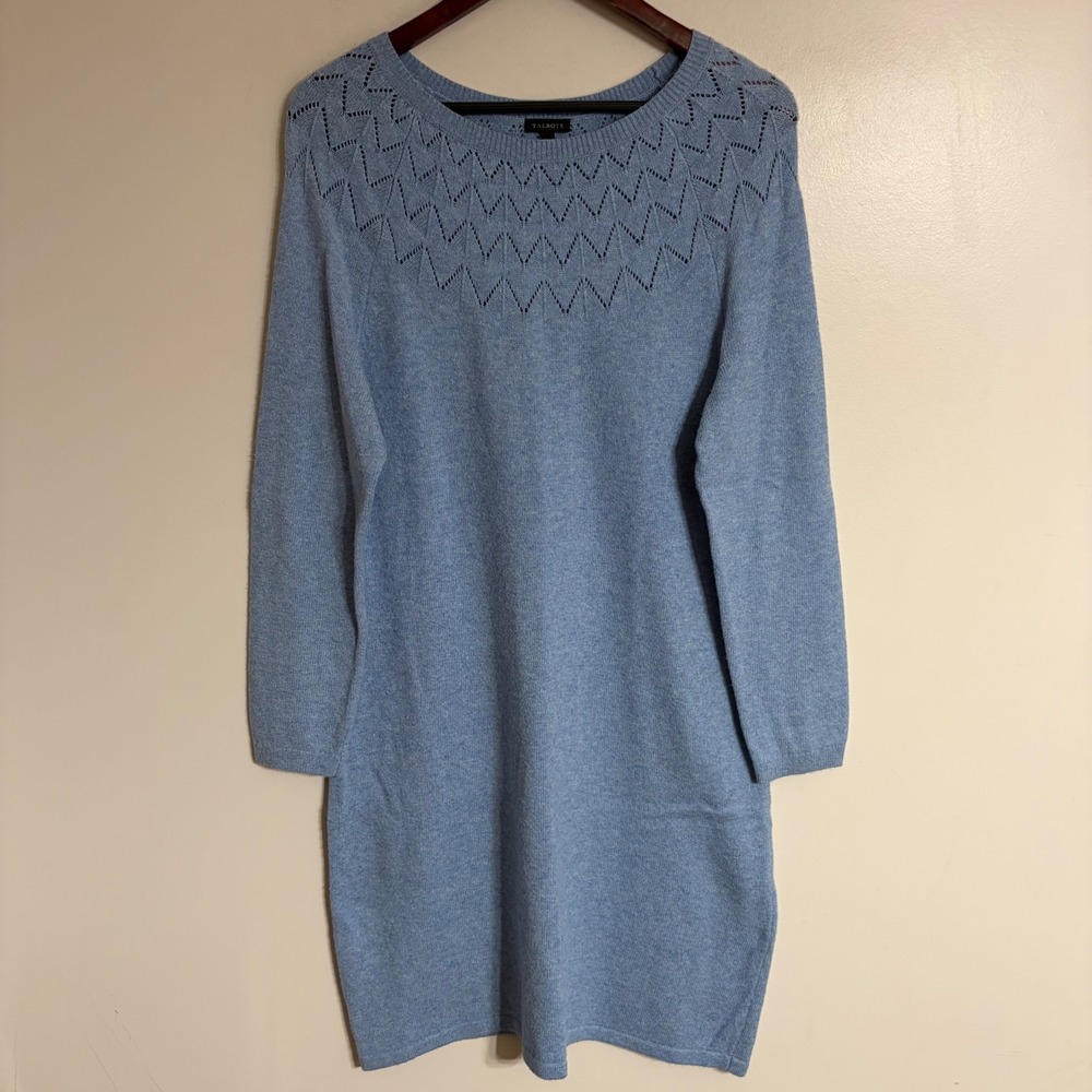 Talbots Light Blue Pointelle Chevron Yoke Knit Sweater Dress Large